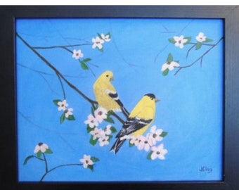 Original Acrylic Painting: "American Goldfinch Pair Among the Flowers" - 8x10 Canvas Art by Jacquie Clay