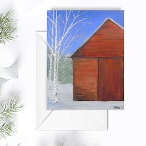 Carte de voeux de Noël et des fêtes : « Grange rouge rustique en hiver » par Jacquie Clay. Cape Cod, Massachusetts