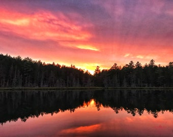 Può includere: Un tramonto vibrante sopra un lago calmo, riflesso nell'acqua. Il cielo è un mix di rosa, arancione e viola, con nuvole che proiettano lunghe ombre sull'acqua. Una linea di alberi scuri costeggia il lago, in silhouette contro il cielo colorato.
