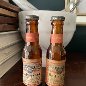 Vintage Budweiser Beer Salt and Pepper Shaker Set of two (2) Muth Buffalo Bottles