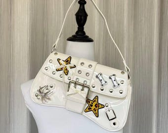 Handmade remake leather bags white color bags rivet star bags handbags punk bags gothic bags for women girl bags party bags travel bags