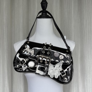 Handmade remake black leather shoulder bag punk tote bag gothic handbag crossbody bag reworked bag
