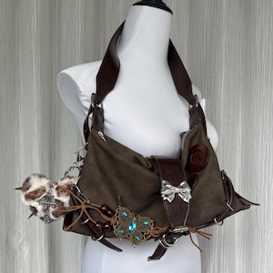 Super cute Handmade remake brown shoulder bag tote bag chain bags y2k bags crossbody bags for women girl party travel  with a fluffy heart