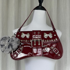 Handmade remake red color punk shoulder bag gothic handbag leather bag with a fluffy heart keychain for women girl party bag travel bag