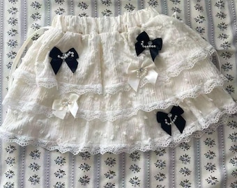 Handmade white lace skirt Lolita skirt pleated skirt mini skirt y2k skirt with 5 bow accessories