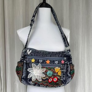 Handmade remake denim bags shoulder bags crossbody bags floral bags punk bags for women girl bags party bags travel bags