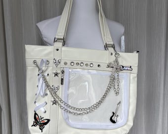 Handmade remake white ita bag tote ita bag leather ita bag pin display bag windows bag rivet chain butterfly bag large capacity bag