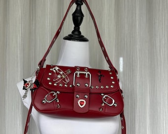 Handmade remake leather bag cute handbag punk bag crossbody bag rivet bag gothic bags for women girl party bags travel bags gift