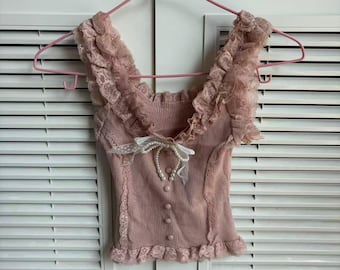 Handmade remake lace top mini top bow crop tank top lolita top cute top for women gril top party top