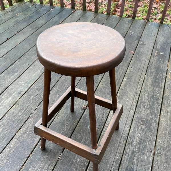 Vintage Wood Stool, Wood Bar Stool, Kitchen Stool, Hand-Made Stool