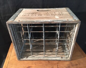 1957, Vintage Brant's Dairy Milk Crate, Wood and Metal Milk Crate