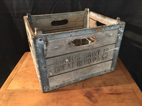 1957, Vintage Brant's Dairy Milk Crate, Wood and Metal Milk Crate
