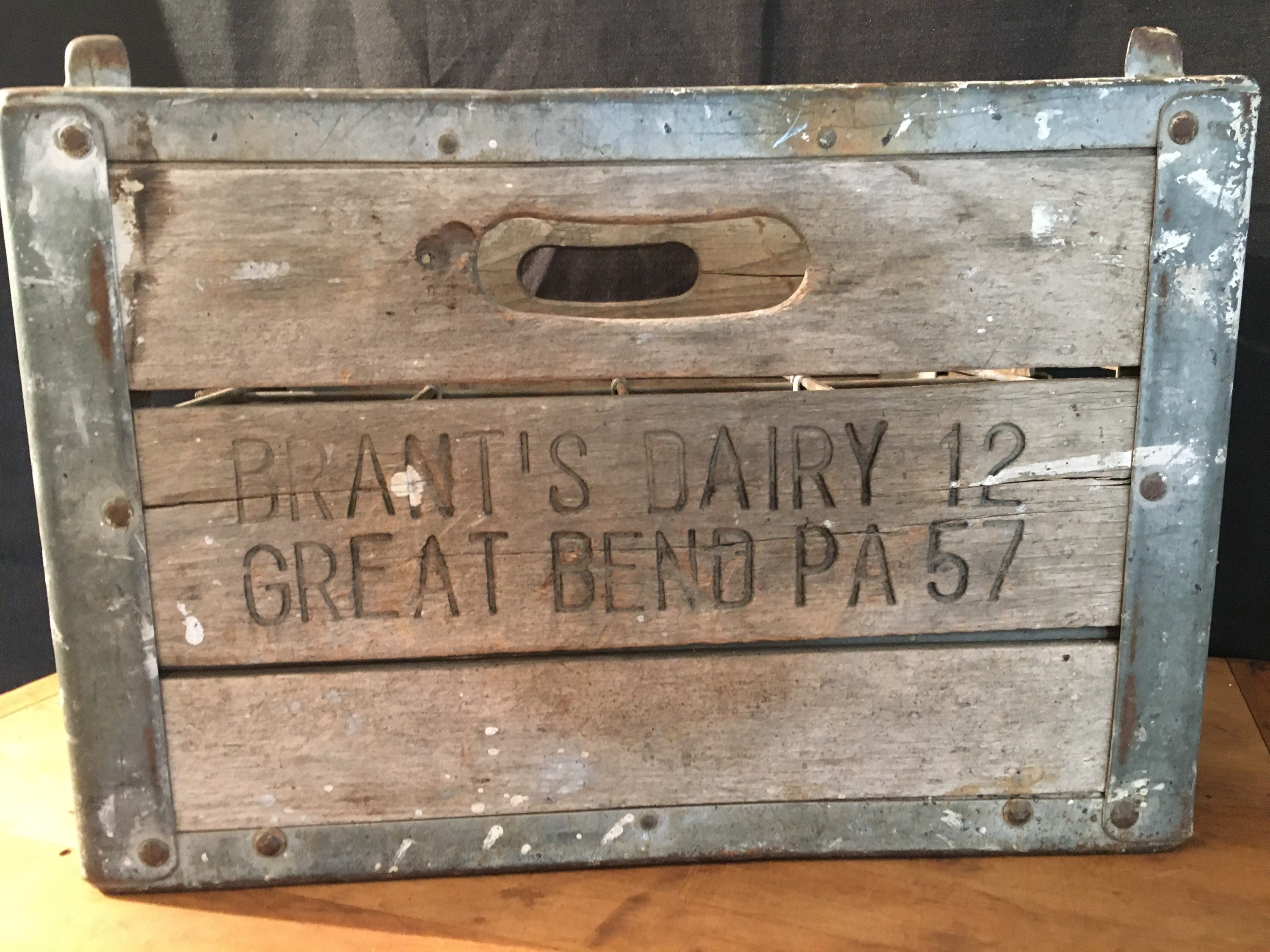 1957, Vintage Brant's Dairy Milk Crate, Wood and Metal Milk Crate