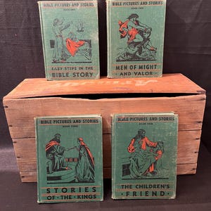 1929, Images et histoires de la Bible, Lot de 4, Adelaide Bee Evans, Étapes faciles de l&#39;histoire de la Bible, Hommes puissants et courageux, Histoires des rois