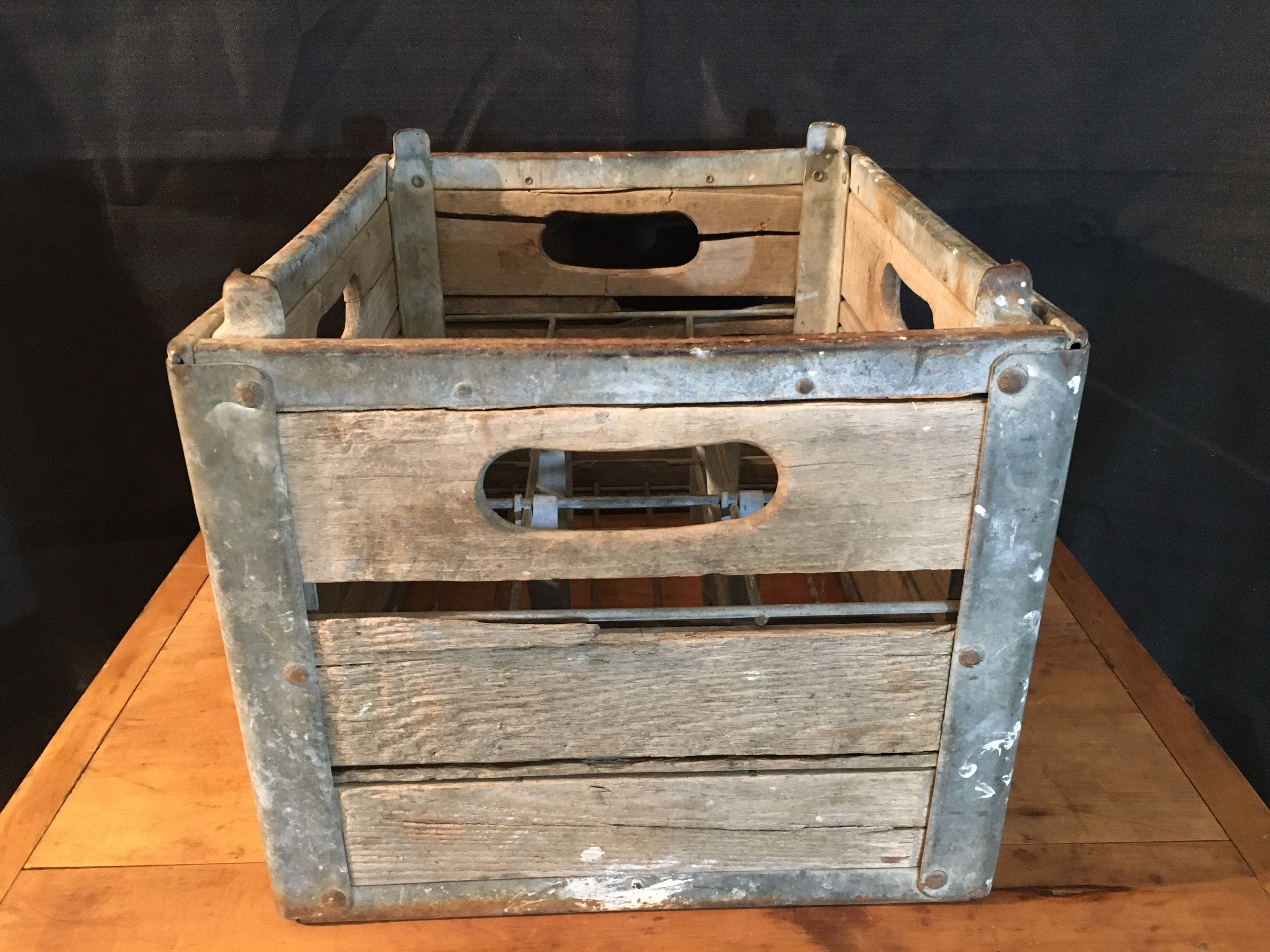 1957, Vintage Brant's Dairy Milk Crate, Wood and Metal Milk Crate