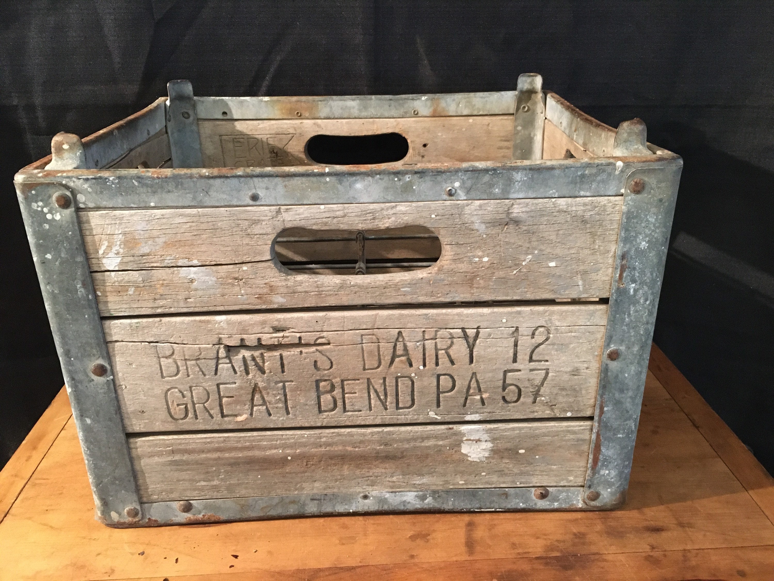 1957, Vintage Brant's Dairy Milk Crate, Wood and Metal Milk Crate