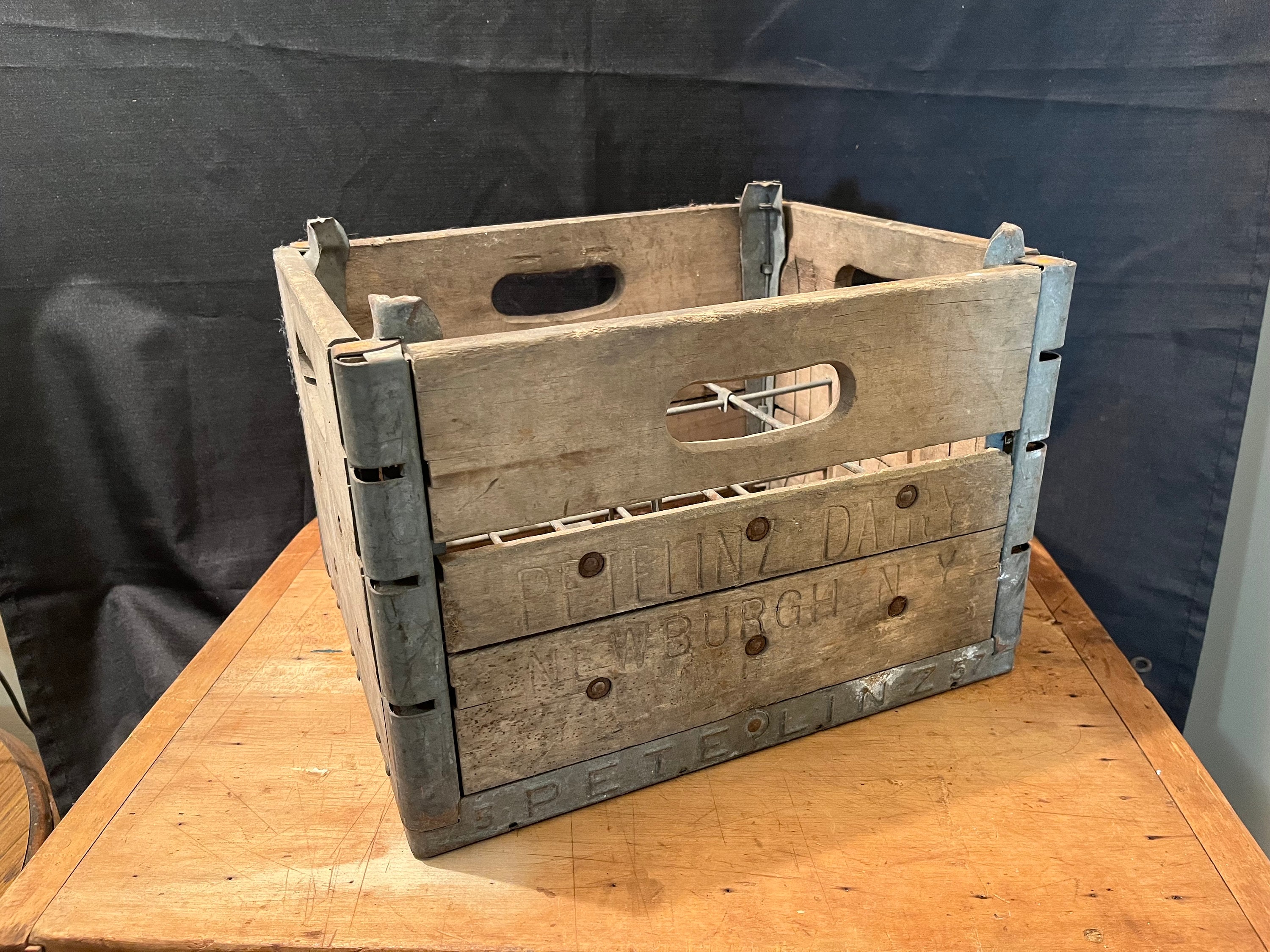 1957, Vintage Petelinz Dairy Milk Crate, Wood and Metal Milk Crate