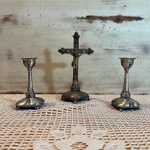 Antique Crucifix and Candlestick Holders, Standing Cross, Metal Crucifix, Jesus Christ