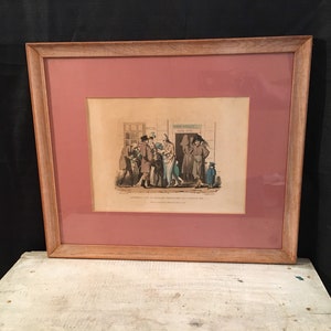 1819, Antique Etching, Introduction Of English Travellers To A French Inn, Hand Colored,  Framed Art