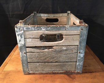 1957, Vintage Brant's Dairy Milk Crate, Wood and Metal Milk Crate