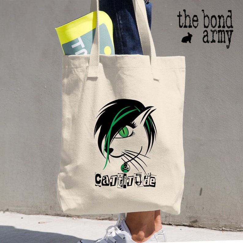 Cattitude Tote Bag Emo Cat College School Book Bags Cat Lovers Grocery Shopping Totes Punk Goth