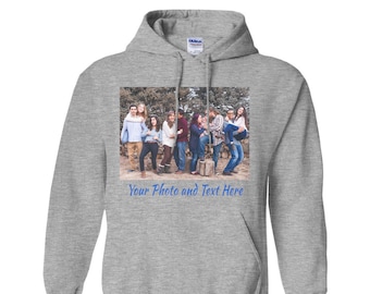 Customized Photo Hoodie with Your Photo and Text Printed on Your Choice of 5 Colors. Picture Sweatshirt with Hood Unisex Ships Free