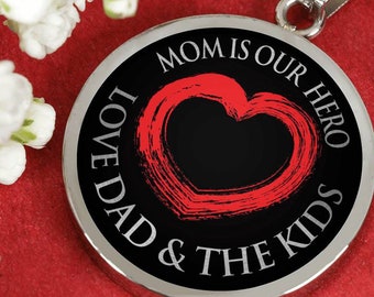 PEAK Mom Pendant Necklace "Mom is Our Hero. Love Dad and the Kids" Gold & Silver. Mother's Day Gift for Mommy, Grandma, Nana. FREE Shipping