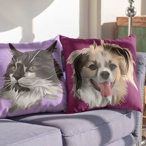May include: Two decorative throw pillows with custom pet portraits. The pillow on the left features a black and white cat with green eyes on a light purple background. The pillow on the right features a brown and white dog with a pink tongue sticking out on a burgundy background.