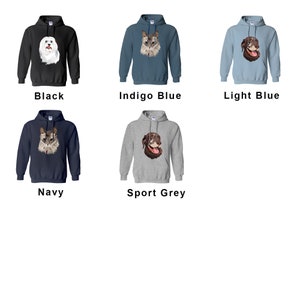 May include: Five different color hoodies with a pet's face printed on the front. The colors are black, indigo blue, light blue, navy, and sport grey.