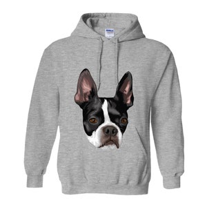 May include: A gray hooded sweatshirt with a black and white Boston Terrier dog illustration on the front.