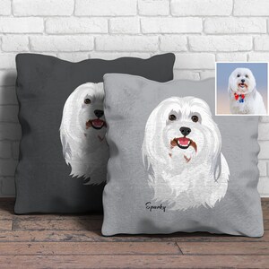 May include: Two gray throw pillows with a white dog illustration on each. The pillow on the right has the name "Sparky" printed on it.