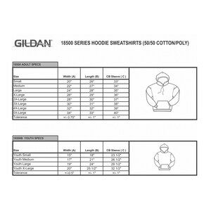 May include: Size chart for Gildan 18500 series hoodies, showing measurements in inches for adult and youth sizes. The chart includes width, length, and sleeve length.