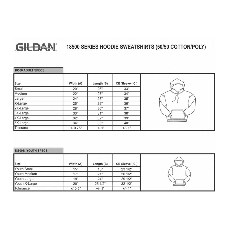 May include: Size chart for Gildan 18500 series hoodies, showing measurements in inches for adult and youth sizes. The chart includes width, length, and sleeve length.