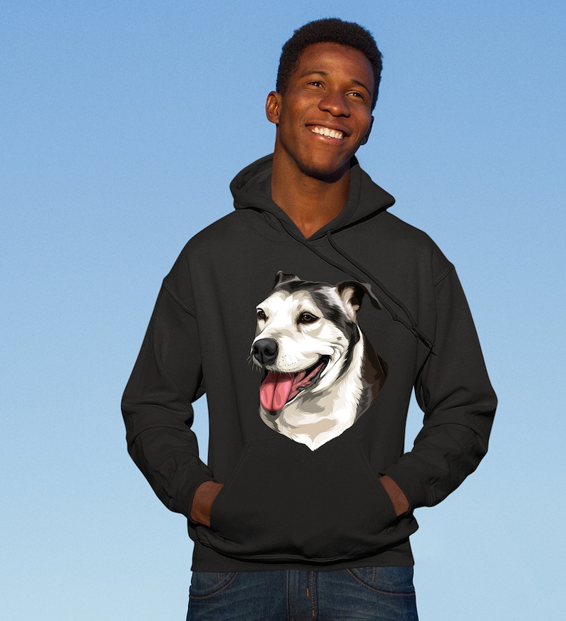 May include: A black hooded sweatshirt with a white and black dog illustration on the front. The dog is smiling with its tongue sticking out.