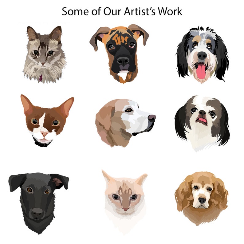 May include: A collection of nine digital illustrations of various dog and cat breeds. The illustrations are in a cartoon style and feature a variety of colors and patterns. The illustrations are all facing forward and have a friendly expression.