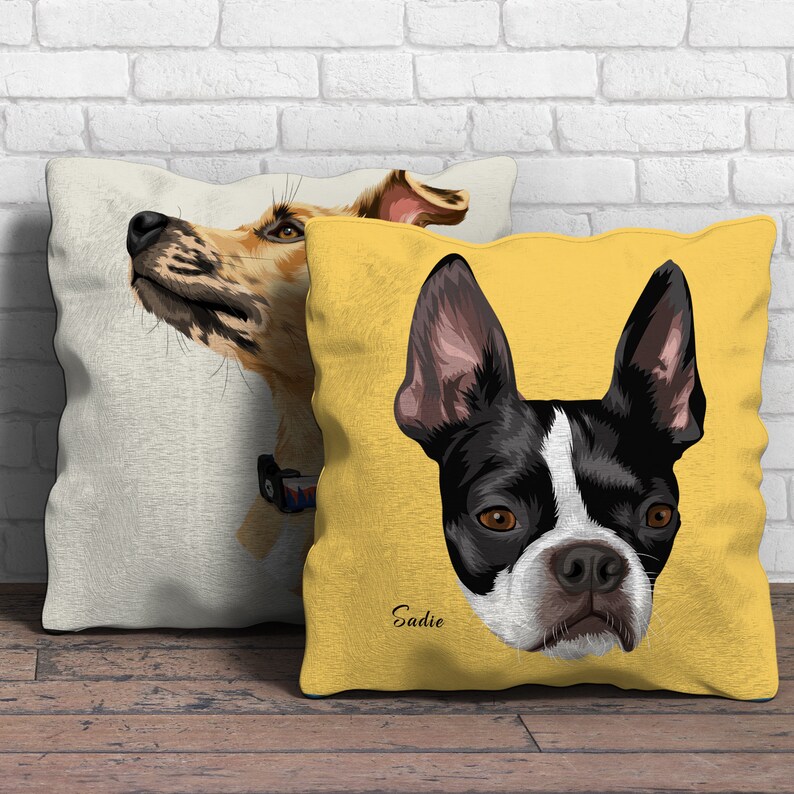 May include: Two custom dog pillow covers. One is white with a brown and white dog looking up. The other is yellow with a black and white Boston Terrier with the name Sadie.