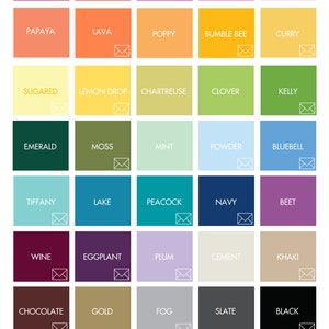 May include: A chart of 30 different color swatches with names for each color. The colors are arranged in a grid of 5 rows and 6 columns. The colors range from bright red to dark black. The text "Background Colors" is at the bottom of the chart, and the text "Colors may print slightly darker" is below that.