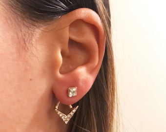 Gold plated Rhinestone Chevron Ear Jacket, Ear Cuff, ear crawler, dainty earring. Great Christmas gift for Women