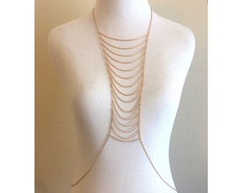 Gold Plated Multi Layer Body Chain, Necklace, Belly Chain, bikini body chain. Great Christmas gift for Women