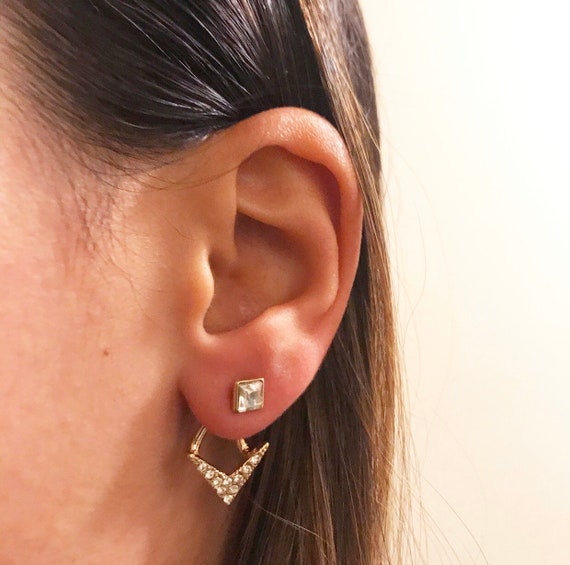 Gold Plated Rhinestone Chevron Ear Jacket, Ear Cuff, Ear Crawler