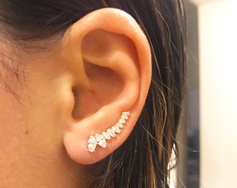 18 Poignet d’oreille plaqué Karat Rose Gold, chenille d’oreille, boucle d’oreille délicate avec des clous Cub Zirconia en forme de diamant Marquise. Grand cadeau de Noël