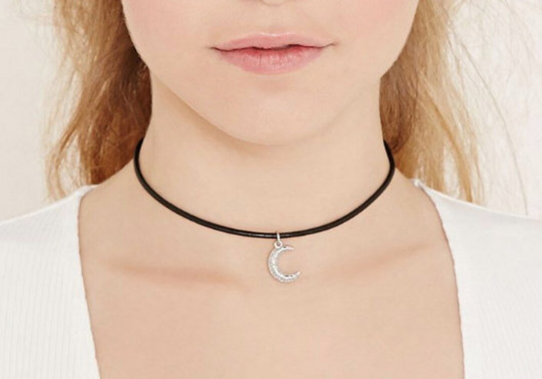 Black Faux Leather Choker With Silver Crescent Moon Design Etsy