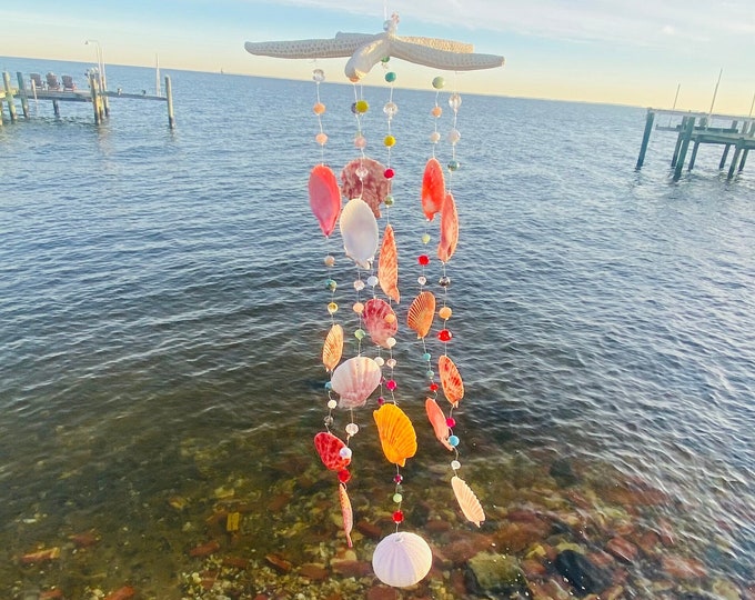 Sea Star and Sea Shell Wind Chime, Sea Shell Art with a miniature Purple and White Sea urchin