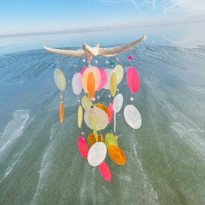 White Starfish with White, Pink, Green, Yellow, and Orange Capiz Shells Wind Chime with Crystal Beads- Beach Art Outdoor or Indoor Mobile