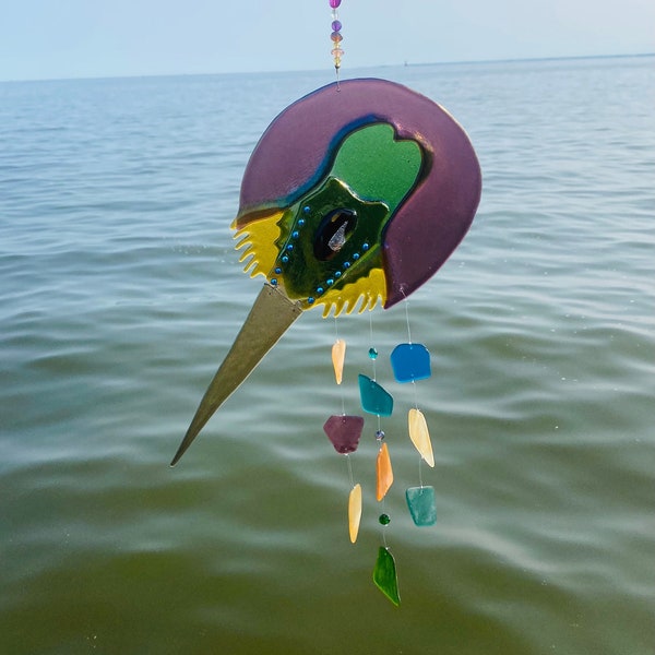 Blown Glass Horseshew Crab with Colorful Sea Glass and Crystal Beads Wind Chime, Kintsugi art-themed