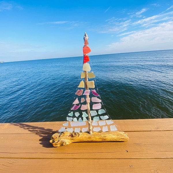 Large Sea Glass Sailboat with Orange, Yellow, Pink, Seafoam Green, and White Colors with Treated Driftwood Base Beach Glass Table Decor Art