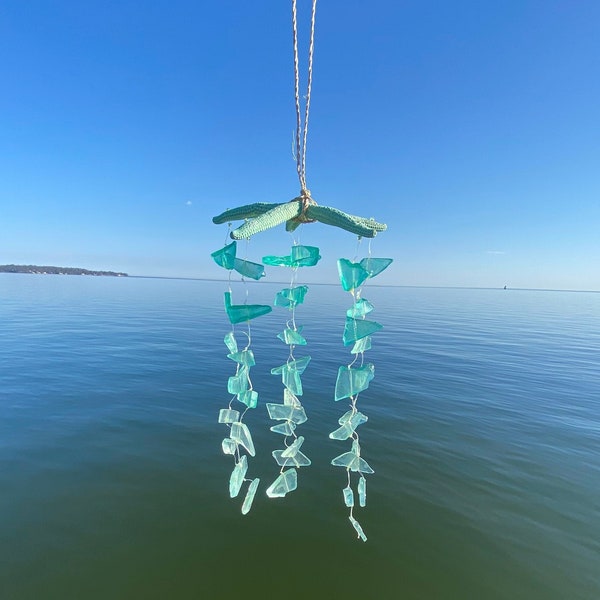 Ombre Sea Glass with Starfish Wind chime with Green, Blue, and White Colors