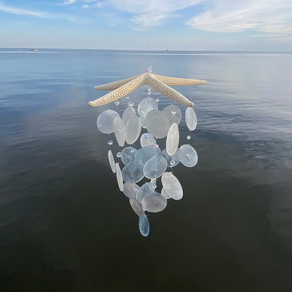 White Starfish with White, Light Blue, and Silver Capiz Shells Wind Chime - Beach Art