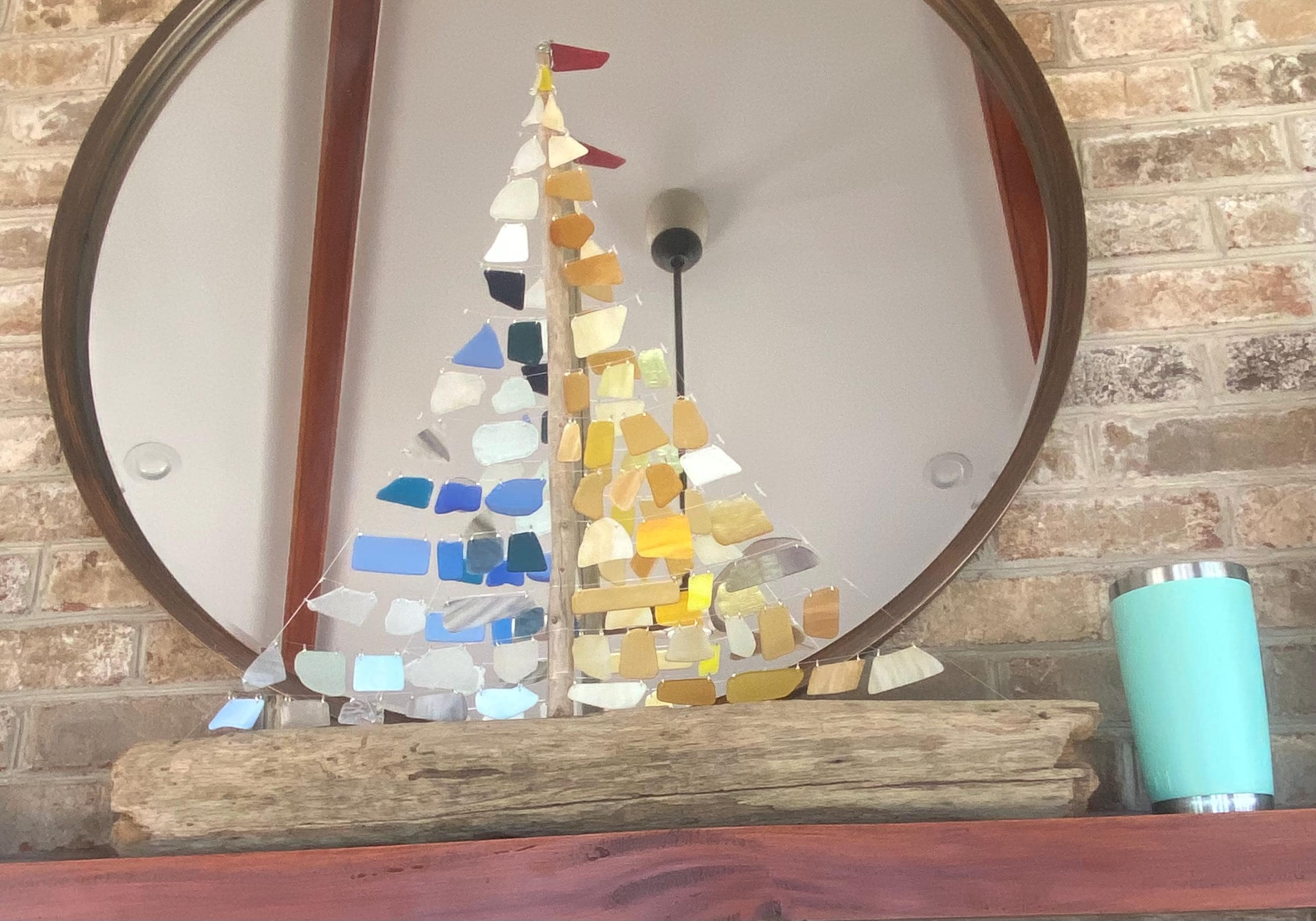 宝物♡Sea glass art XXL - Seaglass Sailboat With Yellow, Blue, and White Colors