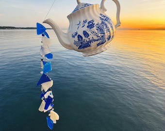 Chinese Blue/White Teapot and Seaglass Wind Chime, Mobile